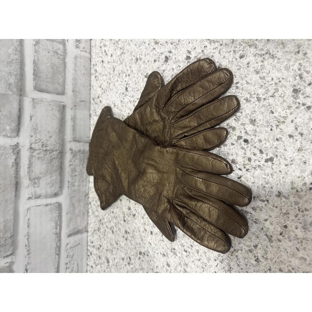 Gold Toned Leather Gloves with Cashmere Lining. Size M